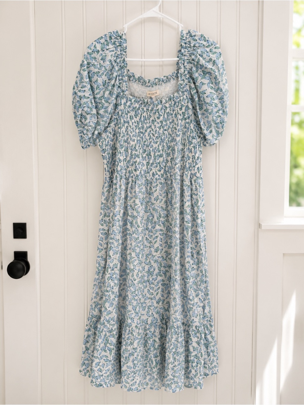 Roolee Light Blue and White Floral Smocked Puff-Sleeve Midi Dress